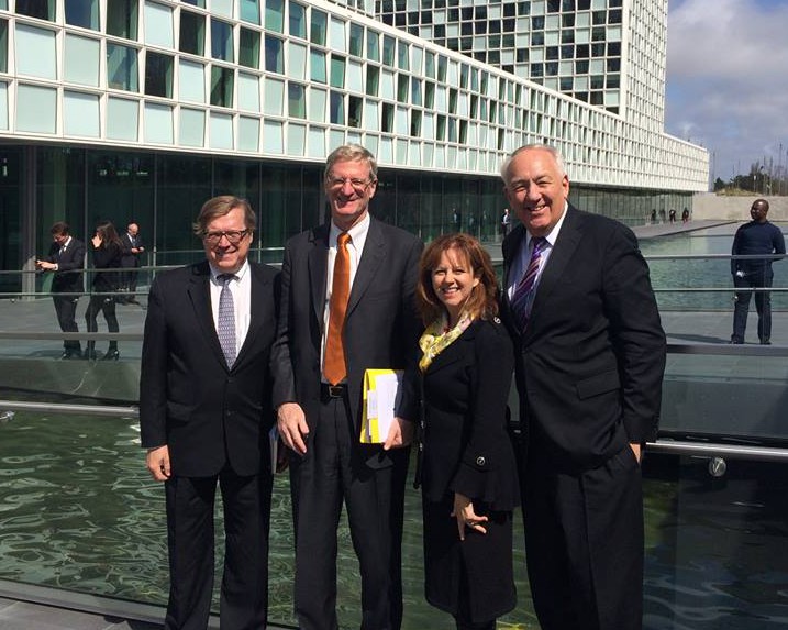 Harris Institute Director Leila Sadat with former Ambassadors for war crimes, Stephen Rapp and David Scheffer, and Todd Buchenwald at the new #ICC Permanent Premises Opening Ceremony in The Hague