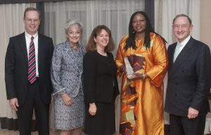 Fatou Bensouda receiving World Peace Through Law Award from Harris World Law Institute at Washington University School of Law.